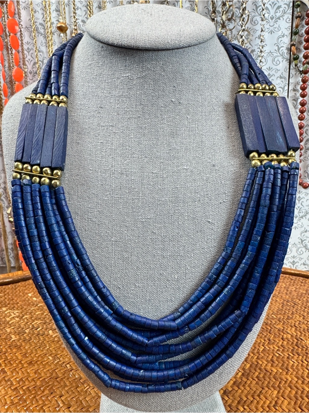Handcrafted Multi-Strand Navy Blue Beaded Necklace with Gold Accents